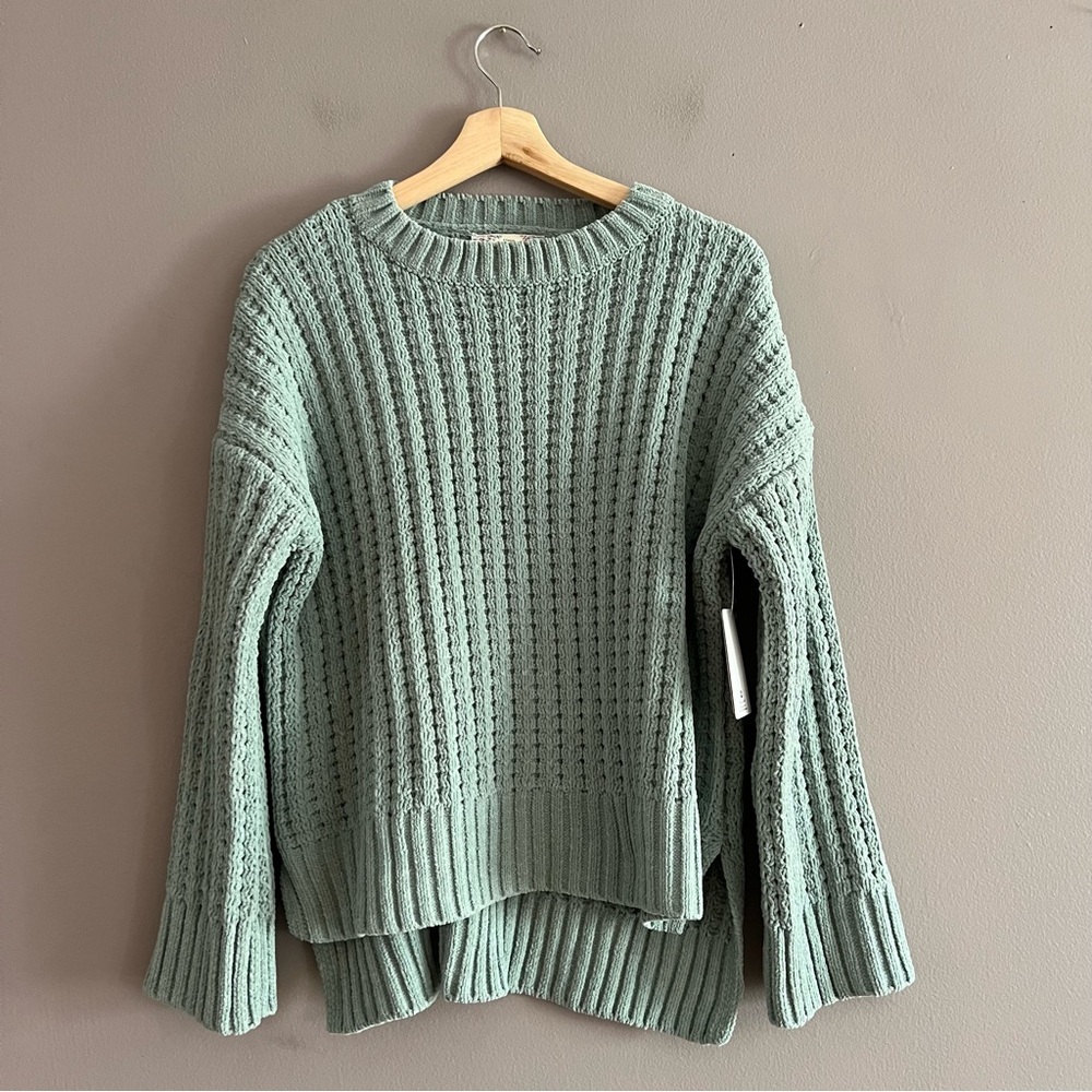 Pink Republic Women's High Low Sweater Waffle Knit Airy Sage Green Small Casual